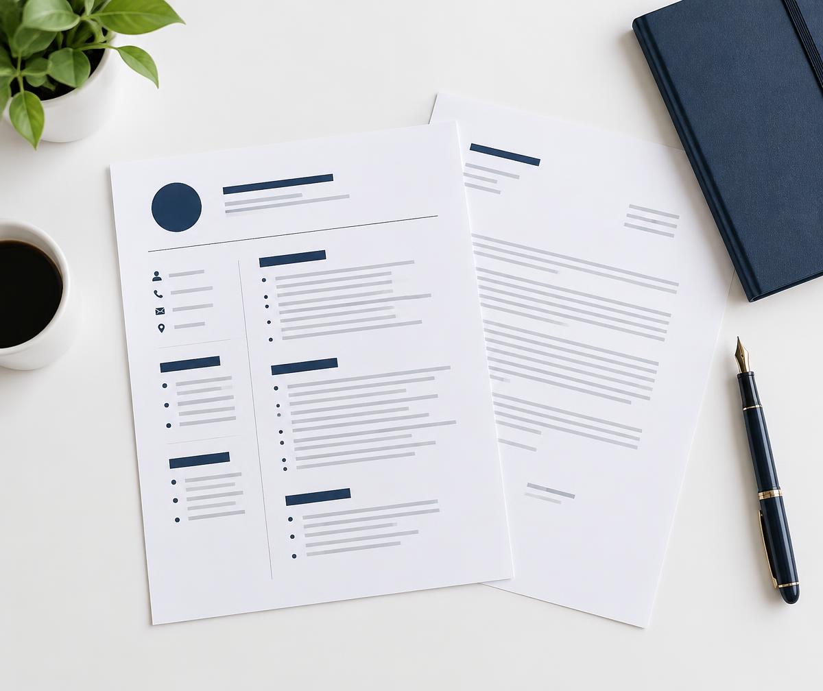 ATS-optimized resume and tailored cover letter printed on a white desk — HireReady Studio document package